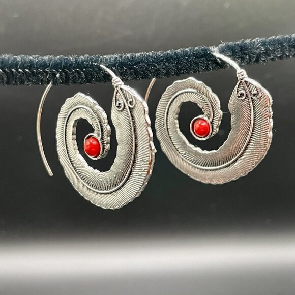Large Silver Feather Spiral Earrings in Red or Turquoise Blue #630 - Picture 9 of 11